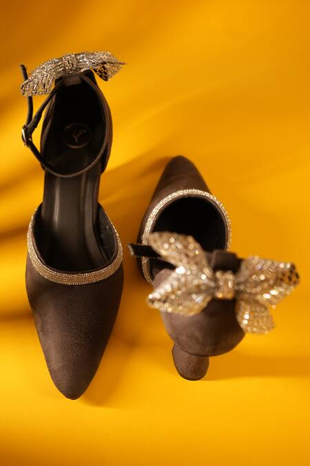 Sana K luxurious Footwear_Grey Crystals Bow Back Embellished Heels _Online_at_Aza_Fashions