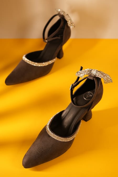 Buy_Sana K luxurious Footwear_Grey Crystals Bow Back Embellished Heels _Online_at_Aza_Fashions