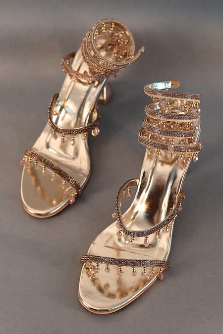 Buy_Sana K luxurious Footwear_Gold Rhinestones, Crystals Stone Embellished Spring Heels _Online_at_Aza_Fashions