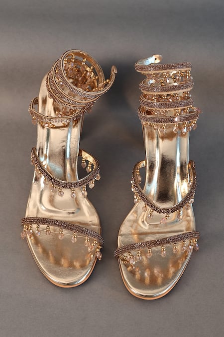 Shop_Sana K luxurious Footwear_Gold Rhinestones, Crystals Stone Embellished Spring Heels _Online_at_Aza_Fashions