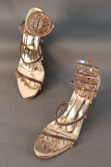 Sana K luxurious Footwear_Gold Rhinestones, Crystals Stone Embellished Spring Heels _at_Aza_Fashions
