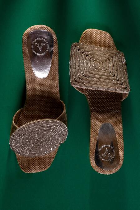 Buy_Sana K luxurious Footwear_Silver Rhinestones Cube Globe Embellished Block Heels _Online_at_Aza_Fashions