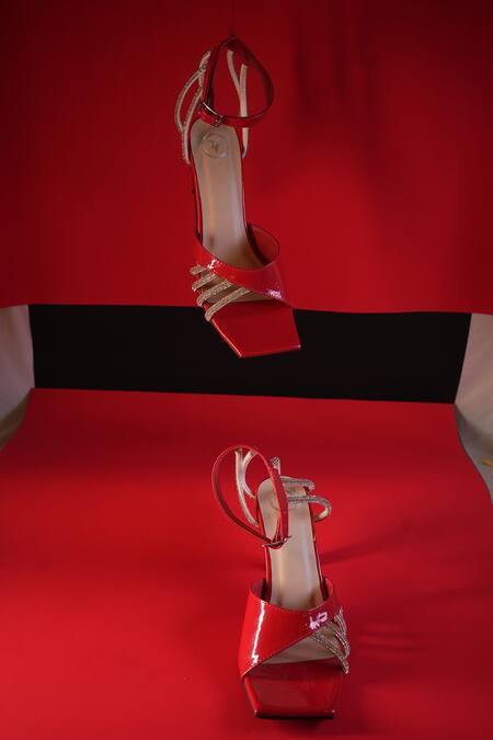 Sana K luxurious Footwear_Red Crystals Elle Stone Embellished Heels _at_Aza_Fashions