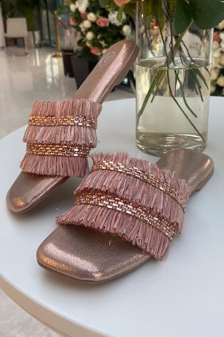 Shop Sana K luxurious Footwear Pink Frill Embellished Sliders at Aza Fashions Shop_Sana K luxurious Footwear_Pink Frill Embellished Sliders _at_Aza_Fashions