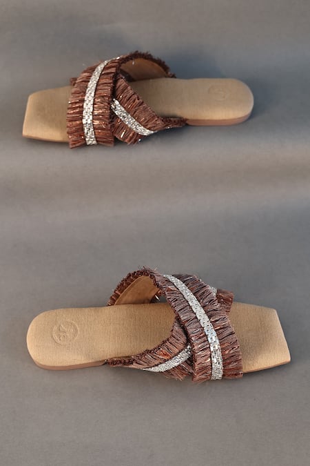 Sana K luxurious Footwear_Brown Criss Cross Strap Frill Sliders _Online_at_Aza_Fashions