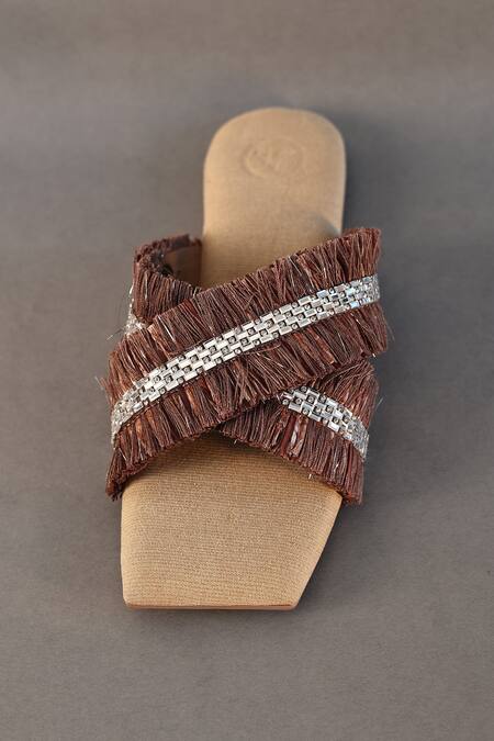 Buy_Sana K luxurious Footwear_Brown Criss Cross Strap Frill Sliders _Online_at_Aza_Fashions