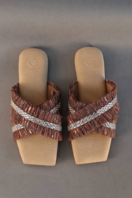Sana K luxurious Footwear_Brown Criss Cross Strap Frill Sliders _at_Aza_Fashions