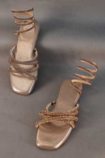 Sana K luxurious Footwear_Gold Strap Embellished Spring Flats _at_Aza_Fashions