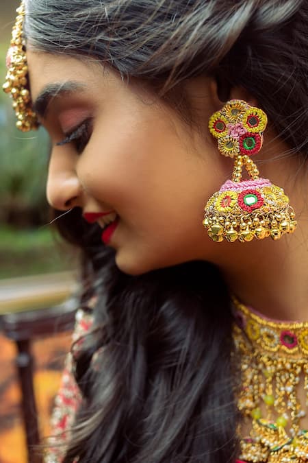 Shop Kanyaadhan By Dhirajaayushi Multi Color Beads Floral Embroidered Jhumkas at Aza Fashions Shop_Kanyaadhan By Dhirajaayushi_Multi Color Beads Floral Embroidered Jhumkas _at_Aza_Fashions