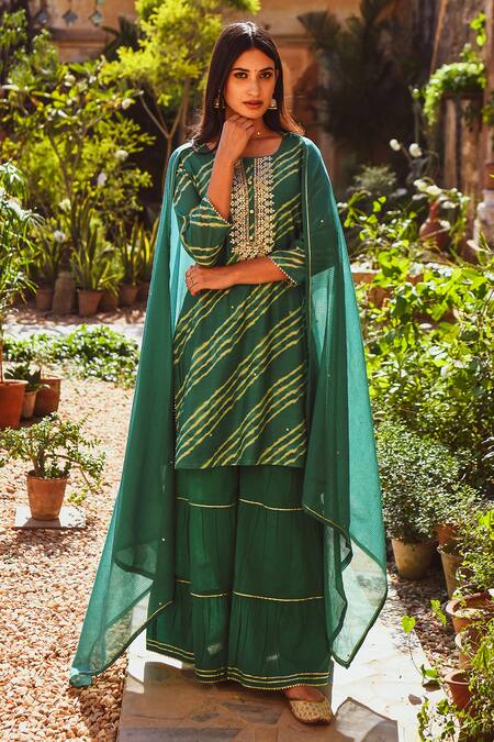 Karaj Jaipur_Green Chanderi, Cotton, Kota Doria Embroidery, Leheriya Kurta Sharara Set_Online_at_Aza_Fashions
