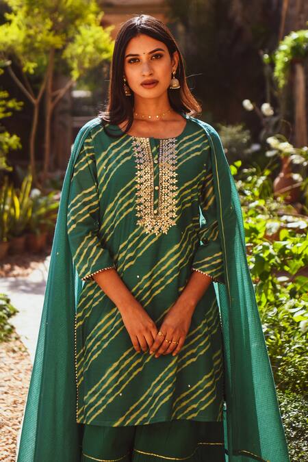 Buy_Karaj Jaipur_Green Chanderi, Cotton, Kota Doria Embroidery, Leheriya Kurta Sharara Set_Online_at_Aza_Fashions
