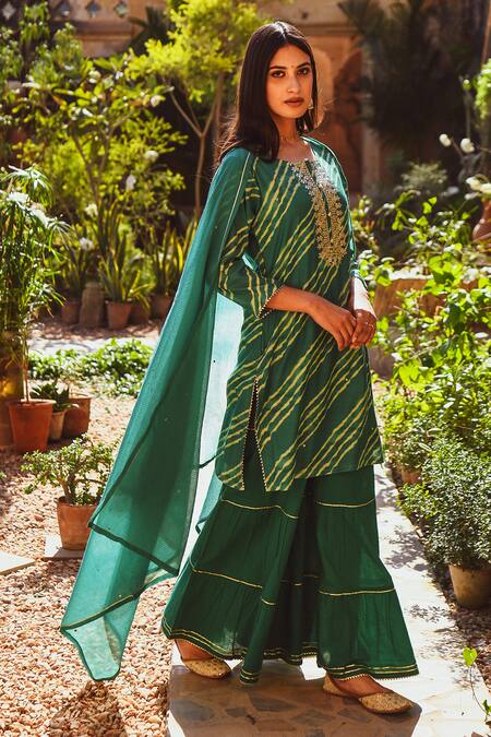Shop_Karaj Jaipur_Green Chanderi, Cotton, Kota Doria Embroidery, Leheriya Kurta Sharara Set_Online_at_Aza_Fashions