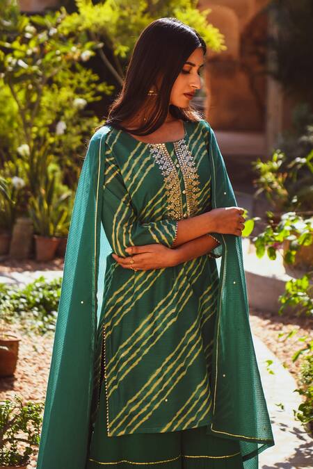 Karaj Jaipur_Green Chanderi, Cotton, Kota Doria Embroidery, Leheriya Kurta Sharara Set_at_Aza_Fashions