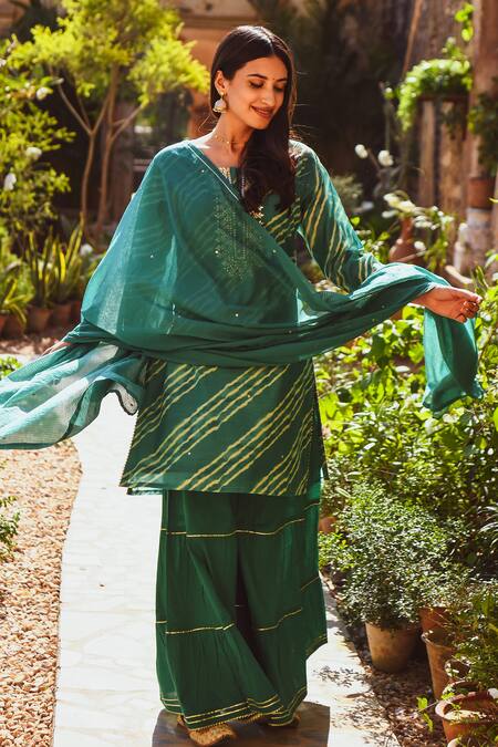 Buy_Karaj Jaipur_Green Chanderi, Cotton, Kota Doria Embroidery, Leheriya Kurta Sharara Set
