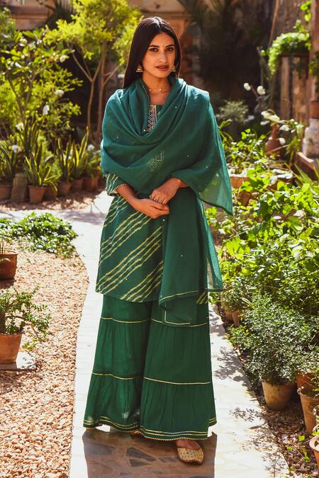 Shop_Karaj Jaipur_Green Chanderi, Cotton, Kota Doria Embroidery, Leheriya Kurta Sharara Set