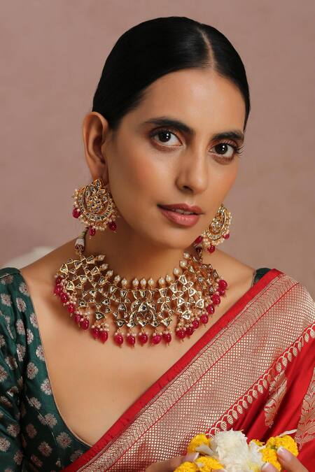 Shop_Swabhimann_Red Pearls Kundan Embellished Choker Set _Online_at_Aza_Fashions