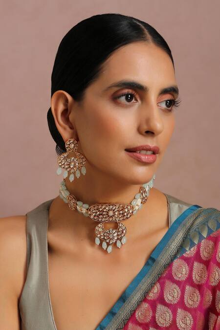 Shop_Swabhimann_Blue Diamonds, Pearls Bead Drop Choker Set _Online_at_Aza_Fashions