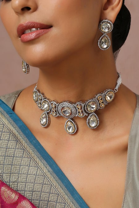 SWABHIMANN Silver Plated Polki Embellished Choker Set 