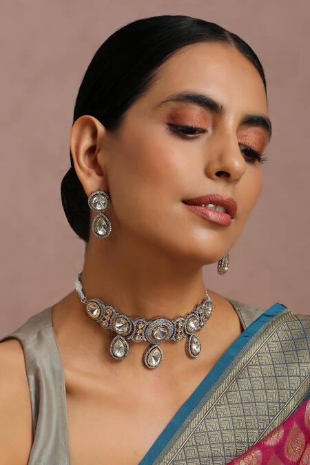 Shop_Swabhimann_Silver Plated Diamonds Polki Embellished Choker Set _Online_at_Aza_Fashions