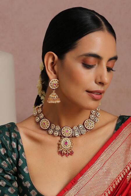 Swabhimann Red Beads, Pearls, Stones Carved Embellished Necklace Set Online at Aza Fashions Swabhimann_Red Beads, Pearls, Stones Carved Embellished Necklace Set _Online_at_Aza_Fashions