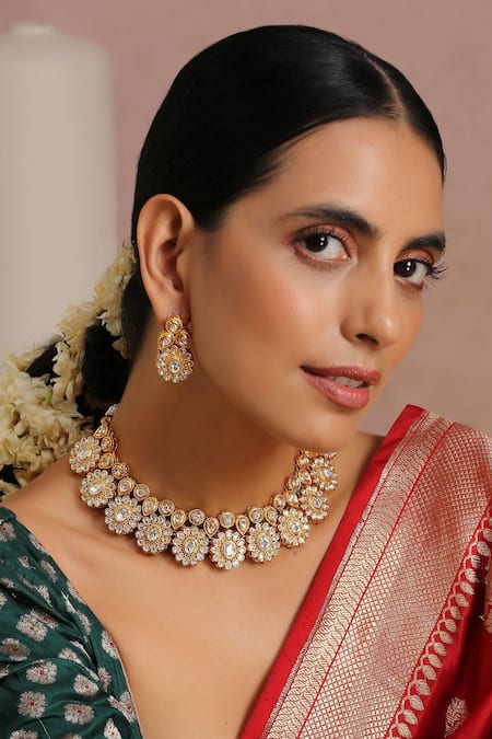 Shop_Swabhimann_Gold Plated Diamonds, Stones Floral Shaped Necklace Set _Online_at_Aza_Fashions