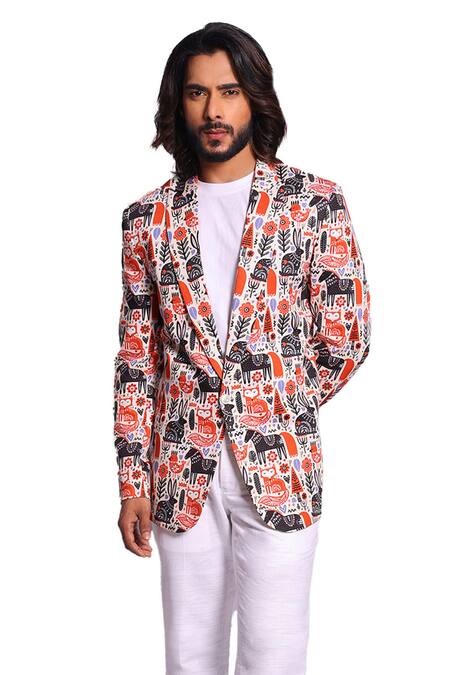 Debarun_Multi Color Malai Cotton Print Jungle Leo Blazer With Trouser  _Online_at_Aza_Fashions