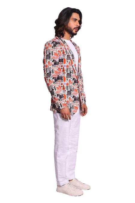 Buy_Debarun_Multi Color Malai Cotton Print Jungle Leo Blazer With Trouser  _Online_at_Aza_Fashions