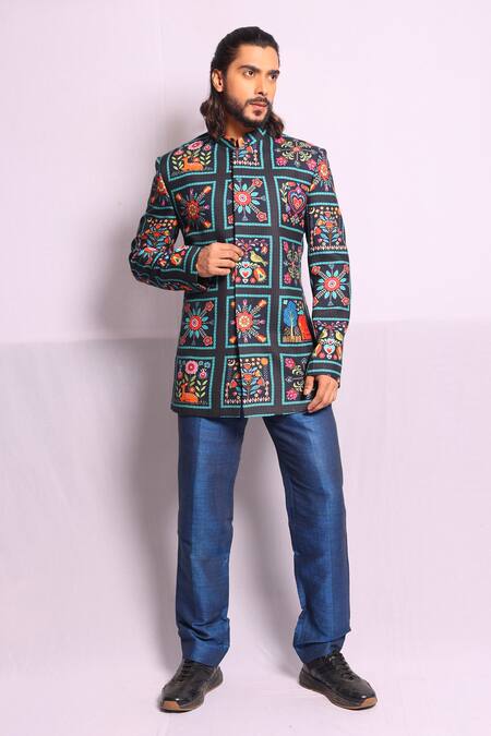 Debarun_Multi Color Cotton, Linen Embroidery Alexandre Floral Print Bandhgala With Pant _Online_at_Aza_Fashions