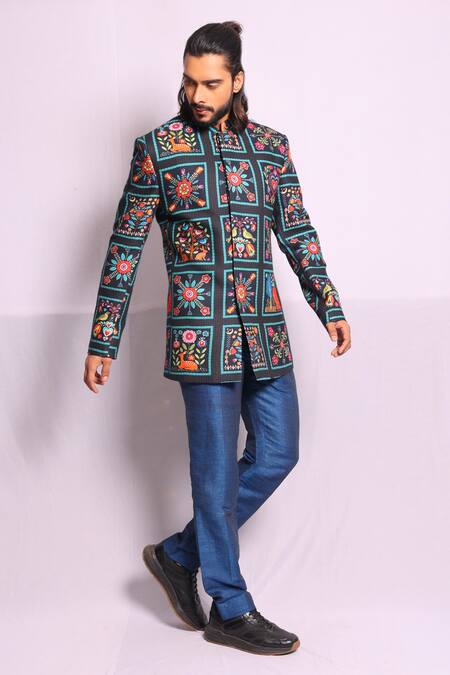 Buy_Debarun_Multi Color Cotton, Linen Embroidery Alexandre Floral Print Bandhgala With Pant _Online_at_Aza_Fashions