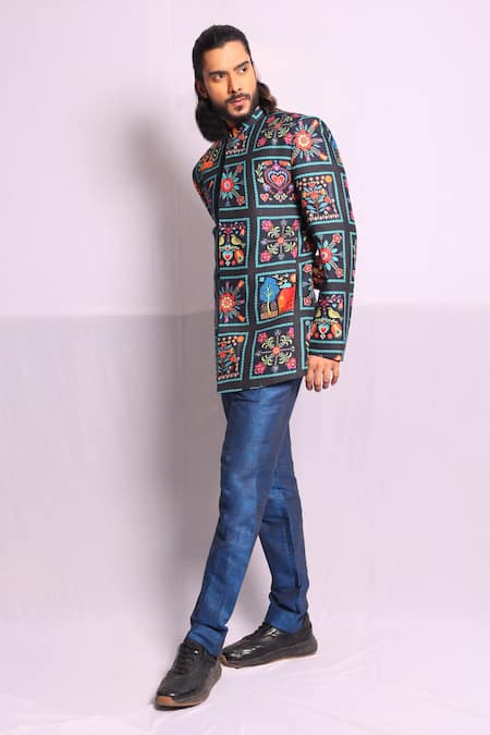 Shop_Debarun_Multi Color Cotton, Linen Embroidery Alexandre Floral Print Bandhgala With Pant _Online_at_Aza_Fashions
