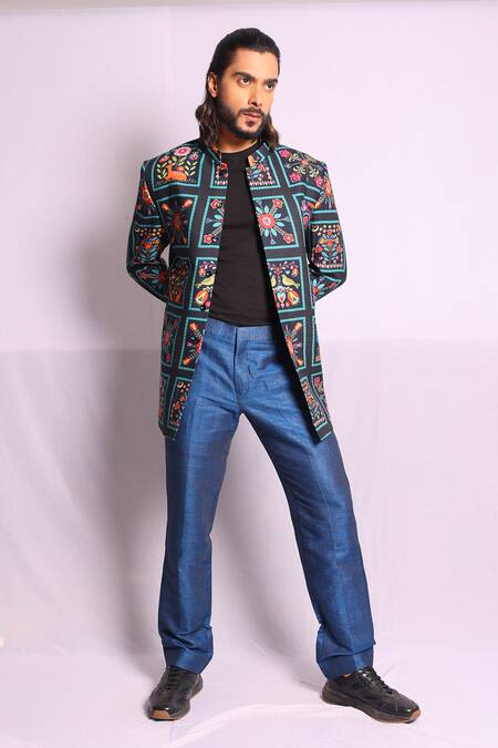 Debarun_Multi Color Cotton, Linen Embroidery Alexandre Floral Print Bandhgala With Pant _at_Aza_Fashions