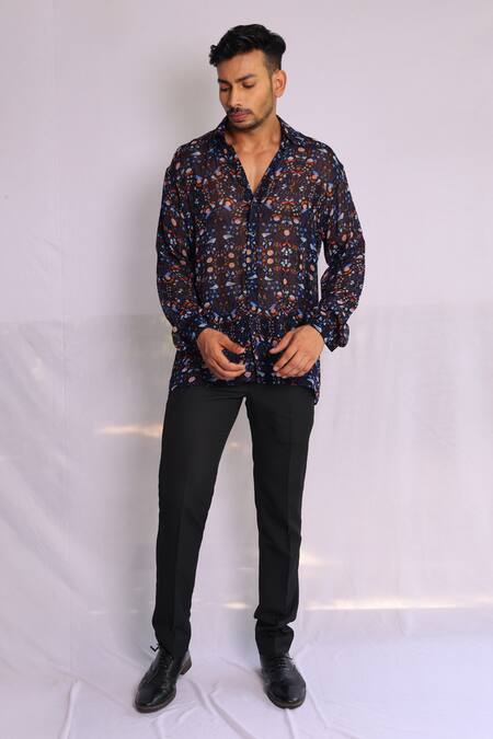 Debarun_Multi Color Georgette Sebastian Abstract Print Shirt _Online_at_Aza_Fashions