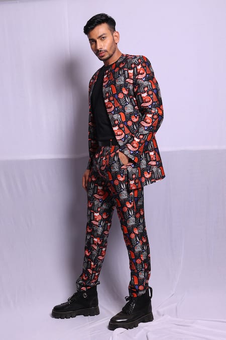 Shop_Debarun_Multi Color Dola Silk Print Jungle Alderic Blazer With Trouser  _Online_at_Aza_Fashions