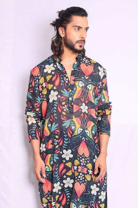 Debarun_Multi Color , Handloom Bruce Retro Floral Print Kurta With Pajama _Online_at_Aza_Fashions