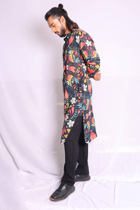 Buy_Debarun_Multi Color , Handloom Bruce Retro Floral Print Kurta With Pajama _Online_at_Aza_Fashions