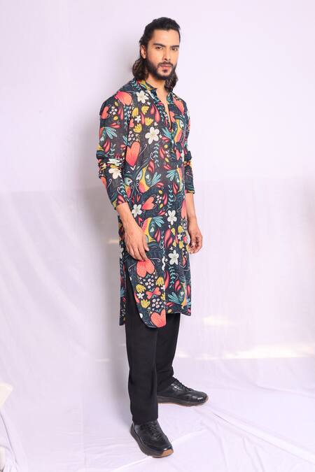 Shop_Debarun_Multi Color , Handloom Bruce Retro Floral Print Kurta With Pajama _Online_at_Aza_Fashions