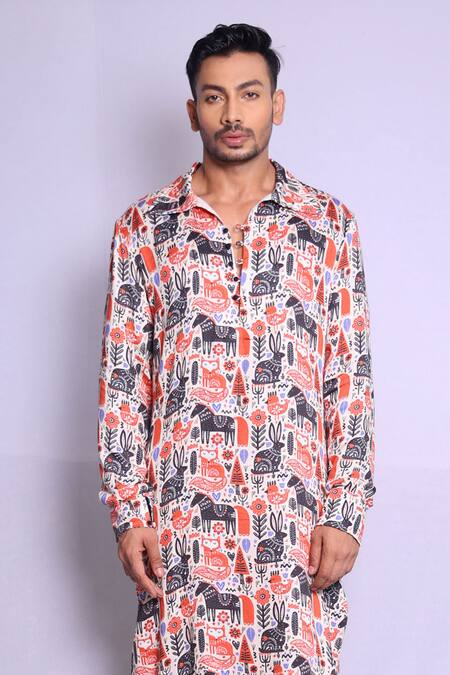 Debarun_Multi Color Modal, Satin, Cotton Jean Abstract Jungle Print Kurta With Trouser _Online_at_Aza_Fashions