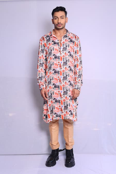 Buy_Debarun_Multi Color Modal, Satin, Cotton Jean Abstract Jungle Print Kurta With Trouser _Online_at_Aza_Fashions