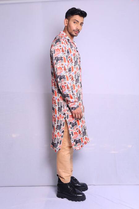 Shop_Debarun_Multi Color Modal, Satin, Cotton Jean Abstract Jungle Print Kurta With Trouser _Online_at_Aza_Fashions