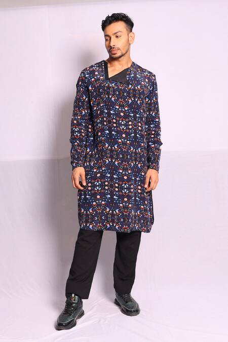 Debarun_Multi Color Crepe, Handloom Cotton Denver Abstract Print Kurta With Trouser _Online_at_Aza_Fashions