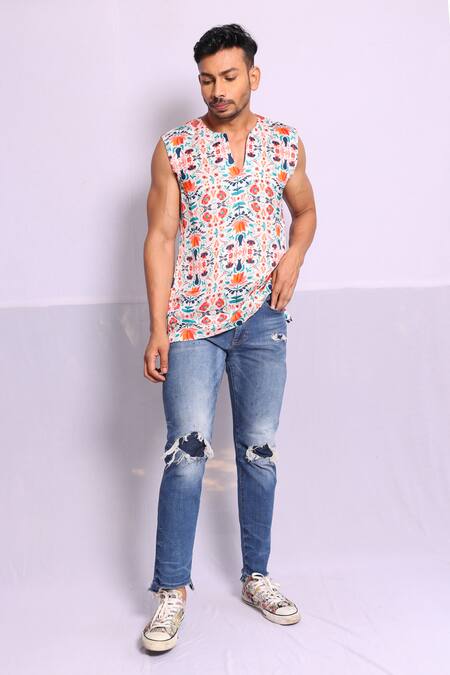 Debarun_Multi Color Linen, Satin Marc Floral Print T-shirt _Online_at_Aza_Fashions