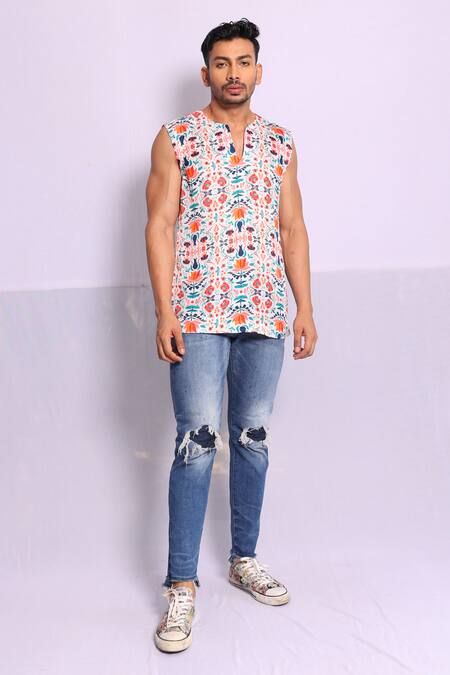 Shop_Debarun_Multi Color Linen, Satin Marc Floral Print T-shirt _Online_at_Aza_Fashions