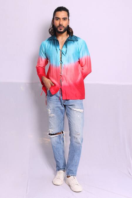 Debarun Multi Color Chanderi Plain Claude Tie-dye Shirt  4