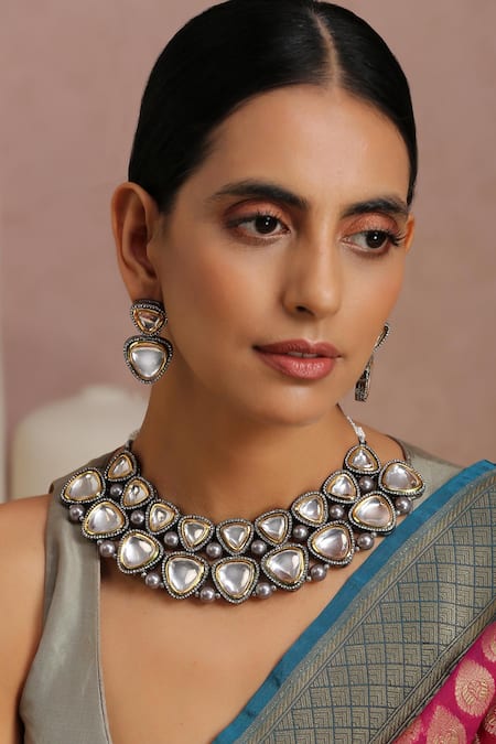 Shop_Swabhimann_Grey Diamonds, Stones Polki Embellished Necklace Set _Online_at_Aza_Fashions