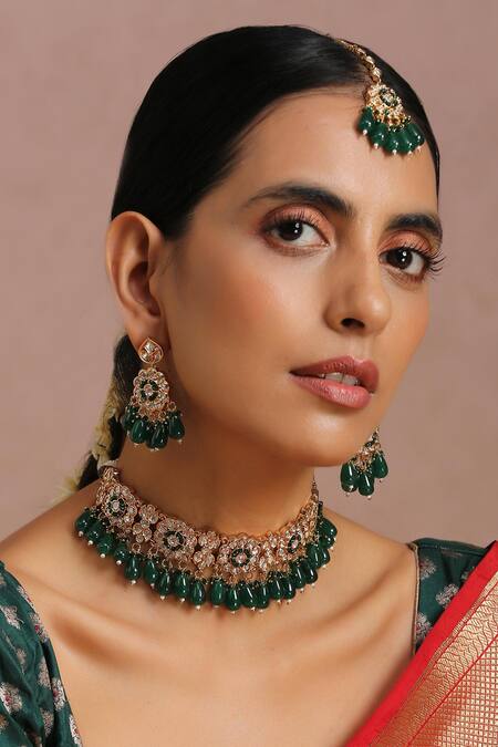 Shop_Swabhimann_Green Beads, Pearls Floral Embellished Choker Set _Online_at_Aza_Fashions