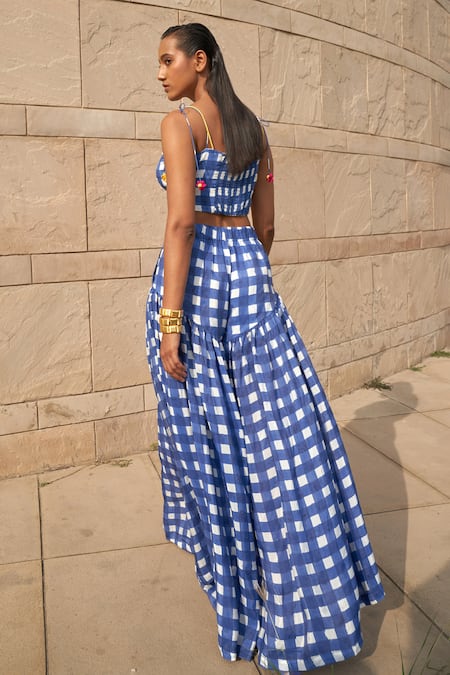 Shop Aapro Blue Cotton Fabric Flowers Sweetheart Neck Block Print Bustier And Pant Set at Aza Fashions Shop_Aapro_Blue Cotton Fabric Flowers Sweetheart Neck Block Print Bustier And Pant Set _at_Aza_Fashions