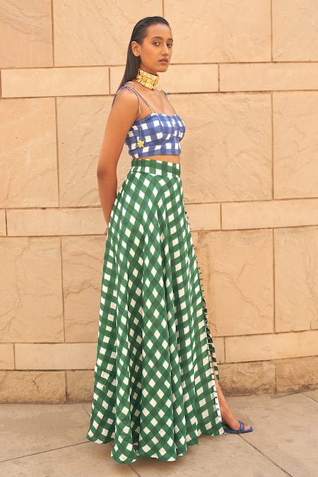 Shop Aapro Blue Cotton Sweetheart Neck Block Print Bustier And Circular Skirt Set at Aza Fashions Shop_Aapro_Blue Cotton Sweetheart Neck Block Print Bustier And Circular Skirt Set _at_Aza_Fashions