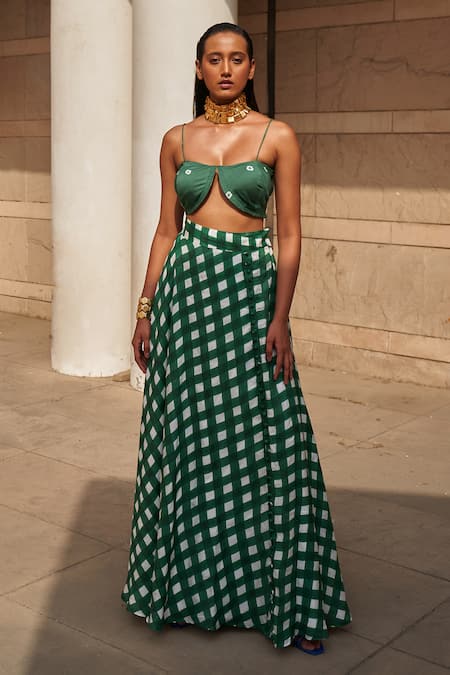 Aapro Green Cotton Square Neck Checkered Bustier And Skirt Set 