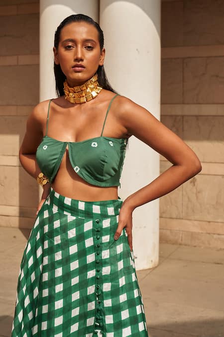 Aapro Green Cotton Square Neck Checkered Bustier And Skirt Set Online at Aza Fashions Aapro_Green Cotton Square Neck Checkered Bustier And Skirt Set _Online_at_Aza_Fashions