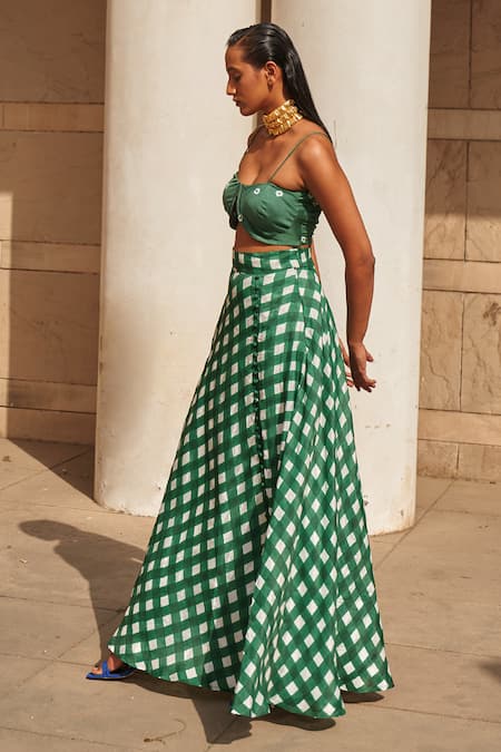 Shop Aapro Green Cotton Square Neck Checkered Bustier And Skirt Set Online at Aza Fashions Shop_Aapro_Green Cotton Square Neck Checkered Bustier And Skirt Set _Online_at_Aza_Fashions